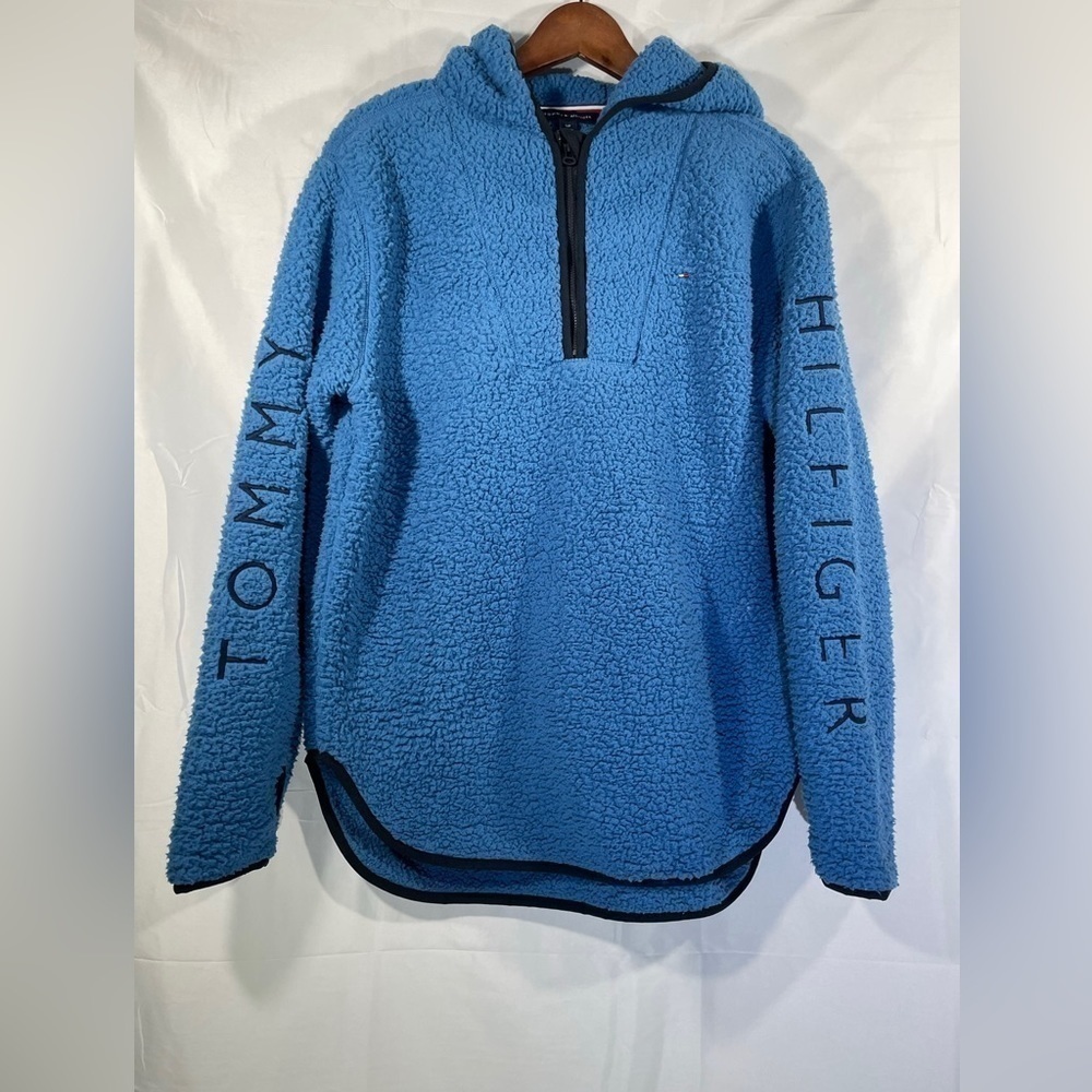 Tommy Hilfiger Sherpa Hoodie Womens Quarter Zip Outerwear Blue Faux Fur Size S - Picture 3 of 9